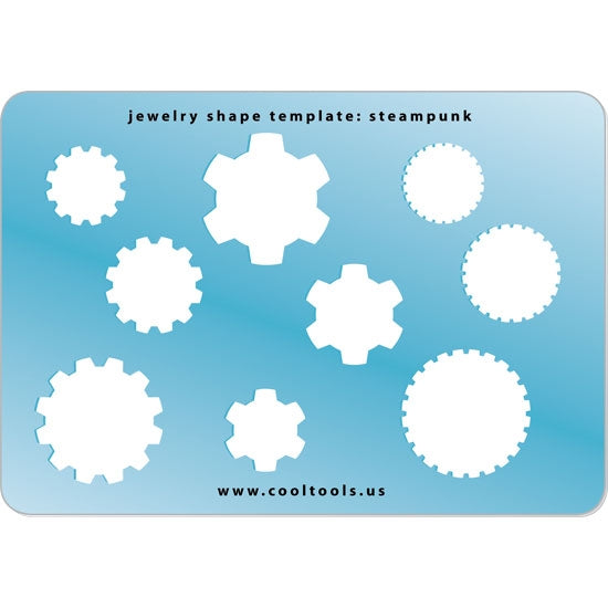 Blue plasticJewelry Shape Template - Steampunk Our special surface makes it easy to find these templates on your workbench, but allows clarity for positioning. Includes 9 steampunk shapes, 3 styles. Sizes are from 16mm to 27.5mm.