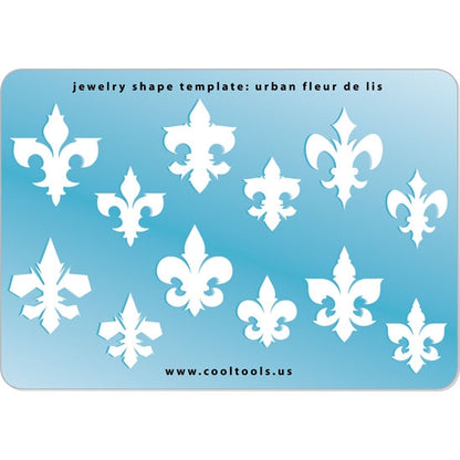 Blue plastic Jewelry Shape Template - Urban Fleur de Lis Our special surface makes it easy to find these templates on your workbench, but allows clarity for positioning. Includes 12 urban Fleur de Lis shapes, 6 styles. Sizes are from 20mm to 28mm.