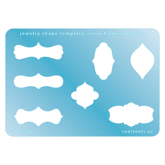 Blue plastic Jewelry Shape Template - Retro Frames Medium Our special surface makes it easy to find these templates on your workbench, but allows clarity for positioning. Includes 7 different retro frames. Sizes are from 23mm to 41.5mm.