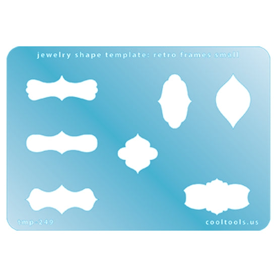 Blue plastic Jewelry Shape Template - Retro Frames Small Our special surface makes it easy to find these templates on your workbench, but allows clarity for positioning. Includes 7 different retro frames. Sizes are from 19.5mm to 35mm.