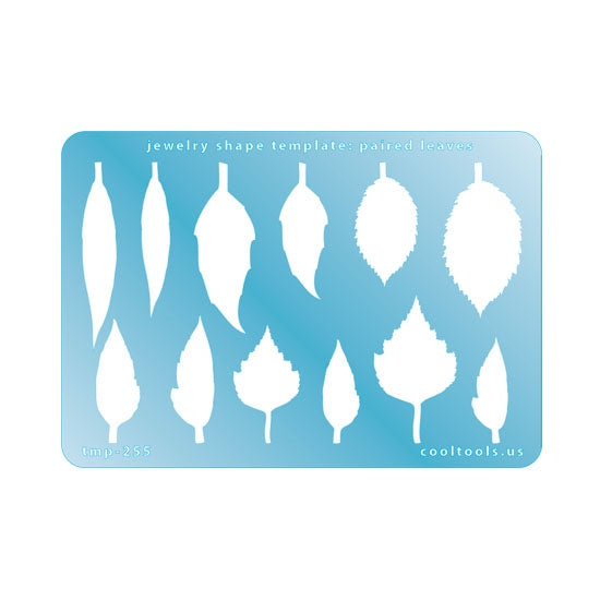 Blue plastic Jewelry Shape Template - Paired Leaves Our special surface makes it easy to find these templates on your workbench, but allows clarity for positioning. Includes 12 leaf shapes, 6 styles. Sizes are from 27mm to 50mm.