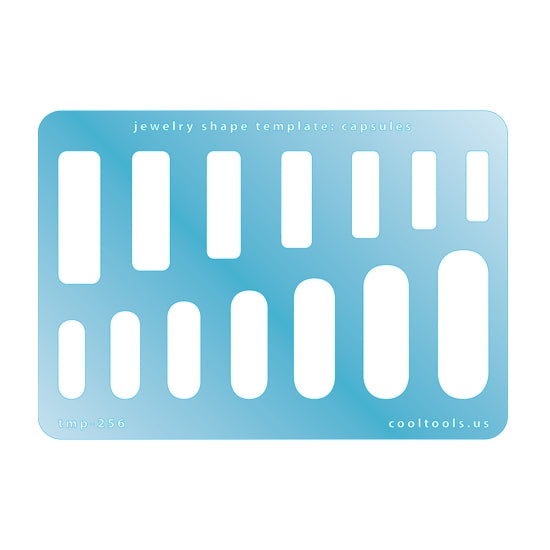 Blue plastic Jewelry Shape Template - Capsules Our special surface makes it easy to find these templates on your workbench, but allows clarity for positioning. Includes 14 capsule shapes, 2 styles. Sizes are from 19mm to 40mm.