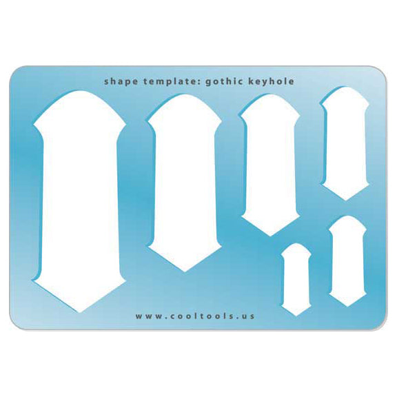 Blue plastic Jewelry Shape Template - Gothic Keyhole Our special surface makes it easy to find these templates on your workbench, but allows clarity for positioning. Includes 6 gothic keyhole shapes. Sizes are from 24mm to 75mm.