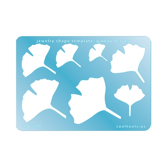 Blue plastic Jewelry Shape Template - Gingko Leaves Our special surface makes it easy to find these templates on your workbench, but allows clarity for positioning. Includes 7 gingko leaf shapes, 2 styles. Sizes are from 19mm to 52mm.