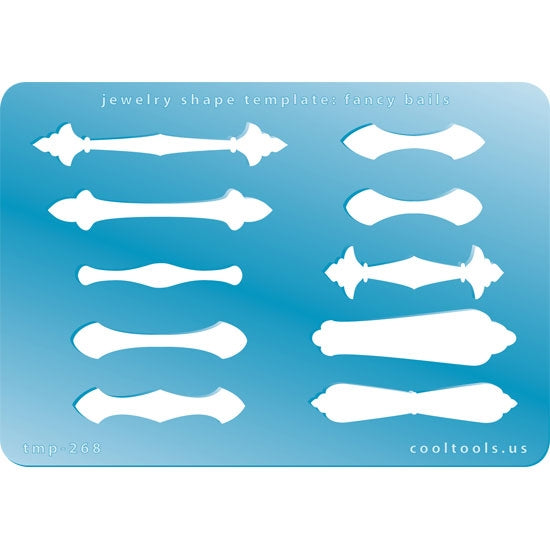 Blue plastic Jewelry Shape Template - Fancy Bails Our special surface makes it easy to find these templates on your workbench, but allows clarity for positioning. Includes 10 different bail shapes that also make great ring shanks. Sizes are from 31.5mm to 58.5mm.