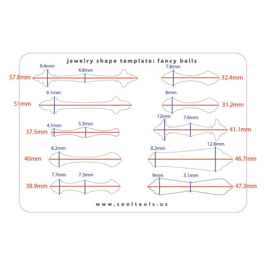 Blue plastic Jewelry Shape Template - Fancy Bails Our special surface makes it easy to find these templates on your workbench, but allows clarity for positioning. Includes 10 different bail shapes that also make great ring shanks. Sizes are from 31.5mm to 58.5mm.