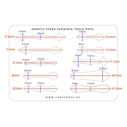 Blue plastic Jewelry Shape Template - Fancy Bails Our special surface makes it easy to find these templates on your workbench, but allows clarity for positioning. Includes 10 different bail shapes that also make great ring shanks. Sizes are from 31.5mm to 58.5mm.