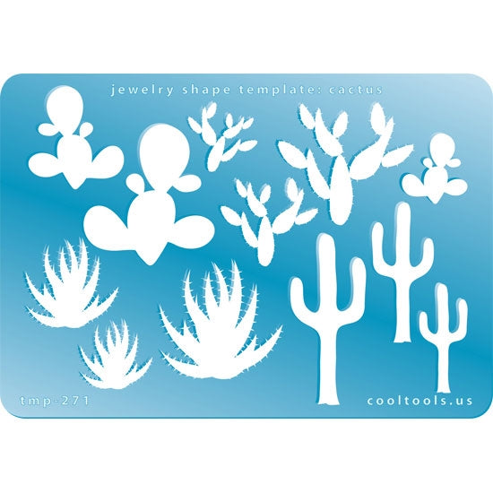 Blue plastic Jewelry Shape Template - Cactus Our special surface makes it easy to find these templates on your workbench, but allows clarity for positioning. Includes 12 cactus shapes, 4 different styles. Sizes are from 18mm to 44mm.