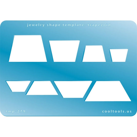 Blue plastic Jewelry Shape Template - Trapezoid Our special surface makes it easy to find these templates on your workbench, but allows clarity for positioning. Includes 8 trapezoid shapes, 2 styles. Sizes are from 17mm to 42.5mm.