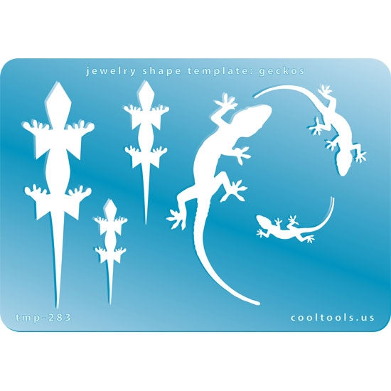 Blue plastic Jewelry Shape Template - Geckos Our special surface makes it easy to find these templates on your workbench, but allows clarity for positioning. Includes 6 gecko shapes, 2 styles. Sizes are from 23.5mm to 73.5mm.