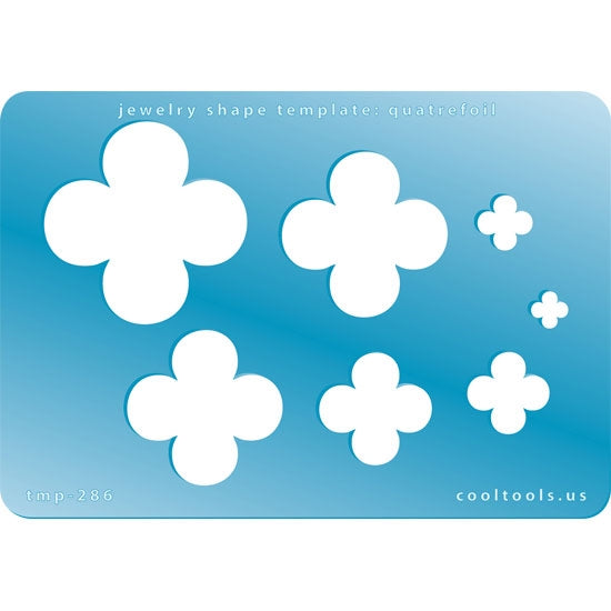 Blue plastic Jewelry Shape Template - Quatrefoil Our special surface makes it easy to find these templates on your workbench, but allows clarity for positioning. Includes 7 quatrefoil shapes. Sizes are from 7.5mm to 42mm.