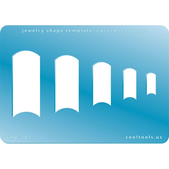 Blue plastic Jewelry Shape Template - Curved Rectangle Our special surface makes it easy to find these templates on your workbench, but allows clarity for positioning. Includes 5 curved rectangle shapes. Sizes are from 16.5mm to 46.5mm.