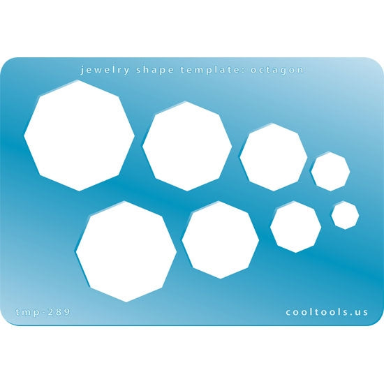 Blue plastic Jewelry Shape Template - Octagon Our special surface makes it easy to find these templates on your workbench, but allows clarity for positioning. Includes 8 octagon shapes. Sizes are from 9mm to 37mm.