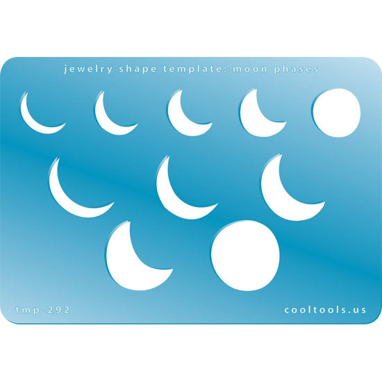 Blue plastic Jewelry Shape Template - Moon Phases Our special surface makes it easy to find these templates on your workbench, but allows clarity for positioning. Includes 10 moon phase shapes, 4 styles. Sizes are from 15mm to 23mm.