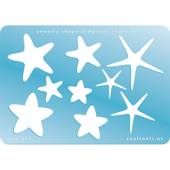 Blue plastic Jewelry Shape Template - Starfish Our special surface makes it easy to find these templates on your workbench, but allows clarity for positioning. Includes 9 starfish shapes, 3 styles. Sizes are from 18mm to 42mm. 