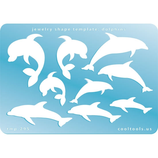 Blue plastic Jewelry Shape Template - Dolphins Our special surface makes it easy to find these templates on your workbench, but allows clarity for positioning. Includes 9 dolphin shapes, 3 styles. Sizes are from 28mm to 52.5mm.