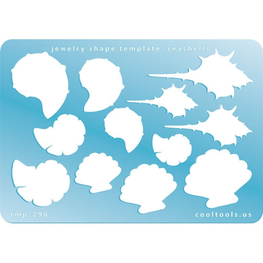 Blue plastic Jewelry Shape Template - Seashells Our special surface makes it easy to find these templates on your workbench, but allows clarity for positioning.  Includes 12 seashell shapes, 4 styles. Sizes are from 18mm to 50mm.