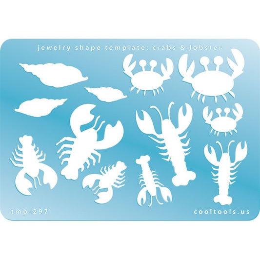 Blue plastic Jewelry Shape Template - Crabs & Lobster Our special surface makes it easy to find these templates on your workbench, but allows clarity for positioning. Includes 12 crab and lobster shapes; 2 lobster styles, 2 crab styles. Sizes are from 19.5mm to 41mm.