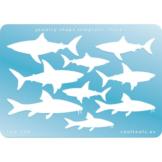 Blue plastic Jewelry Shape Template - Sharks Our special surface makes it easy to find these templates on your workbench, but allows clarity for positioning. Includes 9 shark shapes, 3 styles. Sizes are from 39mm to 60mm.