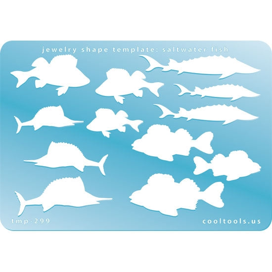 Blue plastic Jewelry Shape Template - Saltwater Fish Our special surface makes it easy to find these templates on your workbench, but allows clarity for positioning. Includes 12 saltwater fish shapes, 4 styles. Sizes are from 26.5mm to 57mm.