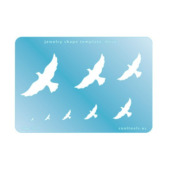 Blue plastic Jewelry Shape Template - Doves Our special surface makes it easy to find these templates on your workbench, but allows clarity for positioning. Use smaller shapes for embossing or enamel stencils. Includes 8 dove shapes. Sizes are from 18.5mm to 49mm.