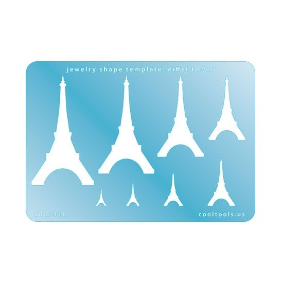 Blue plastic Jewelry Shape Template - Eiffel Tower Our special surface makes it easy to find these templates on your workbench, but allows clarity for positioning. Includes 8 shapes. Sizes are from 9mm to 62mm tall.