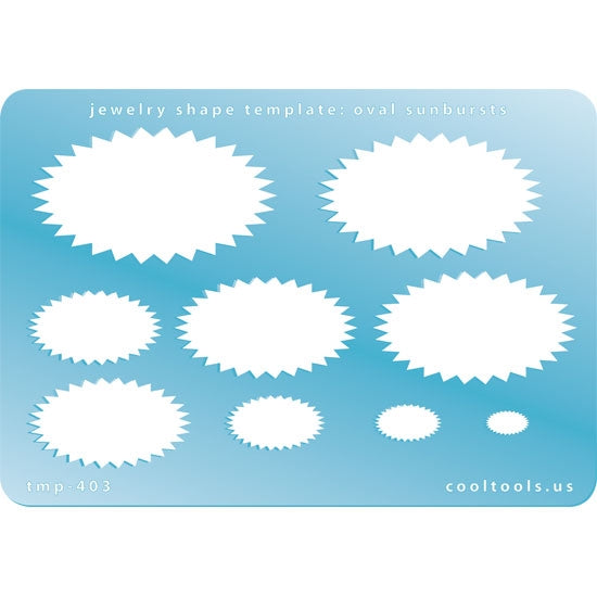 Blue plastic Jewelry Shape Template - Oval Sunbursts Our special surface makes it easy to find these templates on your workbench, but allows clarity for positioning. Includes 9 oval sunburst shapes. Sizes are from 9mm to 52mm.