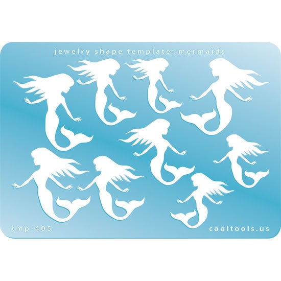 Blue plastic Jewelry Shape Template - Mermaids Our special surface makes it easy to find these templates on your workbench, but allows clarity for positioning. Includes 9 mermaid shapes, 3 styles. Sizes are from 25mm to 35mm. 