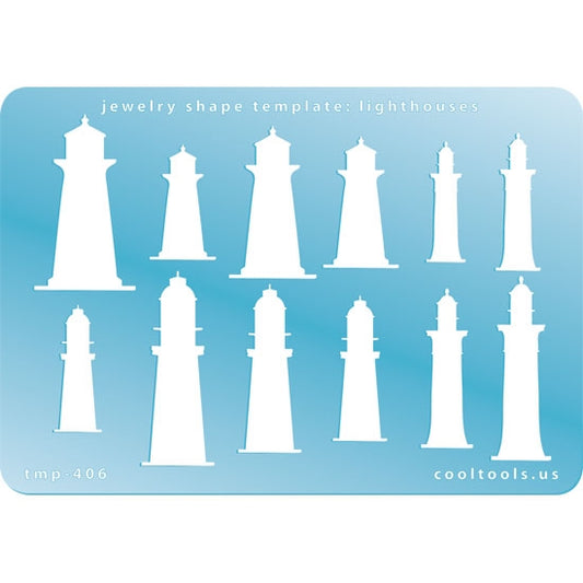 Blue plastic Jewelry Shape Template - Lighthouses Our special surface makes it easy to find these templates on your workbench, but allows clarity for positioning. Includes 12 lighthouse shapes, 3 styles. Sizes are from 24.5mm to 42mm.