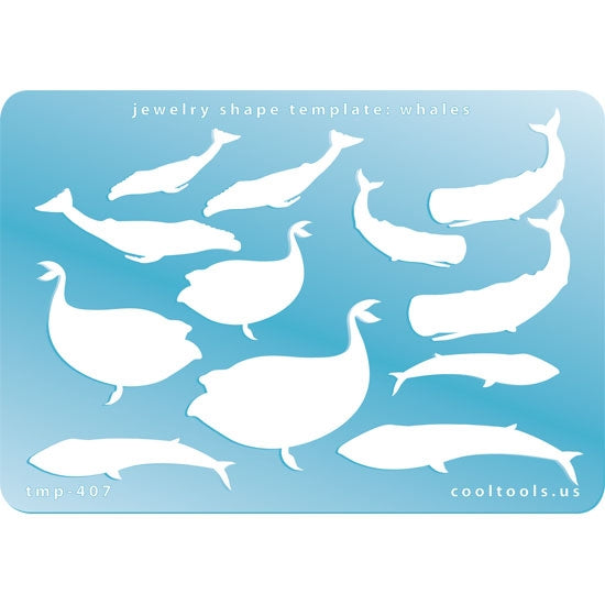 Blue plastic Jewelry Shape Template - Whales Our special surface makes it easy to find these templates on your workbench, but allows clarity for positioning. Includes 12 whale shapes, 4 styles. Sizes are from 28.5mm to 51.5mm.