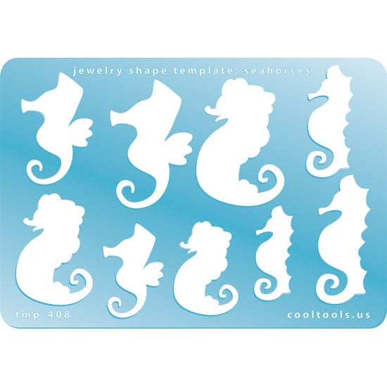 Blue plastic Jewelry Shape Template - Seahorses Our special surface makes it easy to find these templates on your workbench, but allows clarity for positioning. Includes 9 seahorse shapes, 3 styles. Sizes are from 30.5mm to 42mm.