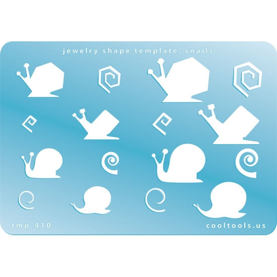 Blue plastic Jewelry Shape Template - Snails Our special surface makes it easy to find these templates on your workbench, but allows clarity for positioning. Includes 8 snail shapes, 4 styles. Sizes are from 17.5mm to 28mm.