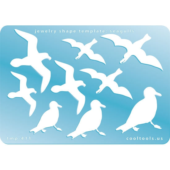 Blue plastic Jewelry Shape Template - Seagulls Our special surface makes it easy to find these templates on your workbench, but allows clarity for positioning. Includes 9 seagull shapes, 3 styles. Sizes are from 30.5mm to 53mm.