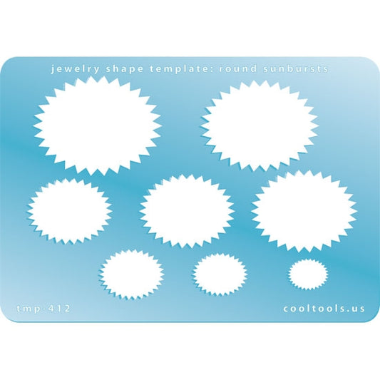 Blue plastic Jewelry Shape Template - Round Sunbursts Our special surface makes it easy to find these templates on your workbench, but allows clarity for positioning.  Includes 8 round sunburst shapes. Sizes are from 12mm to 42mm.