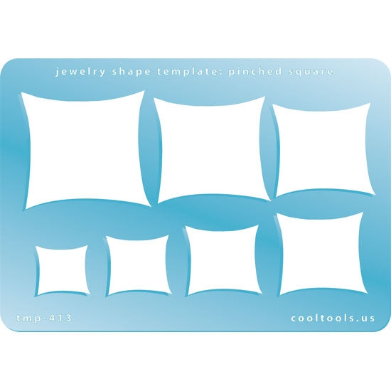 Blue plastic Jewelry Shape Template - Pinched Square Our special surface makes it easy to find these templates on your workbench, but allows clarity for positioning. Includes 7 pinched square shapes. Sizes are from 17.5mm to 40mm.