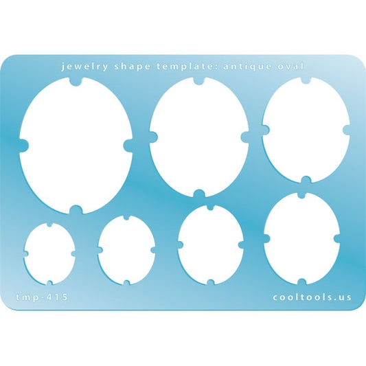 Blue plastic Jewelry Shape Template - Antique Oval Our special surface makes it easy to find these templates on your workbench, but allows clarity for positioning. Includes 7 antique oval shapes. Sizes are from 21mm to 47.5mm.