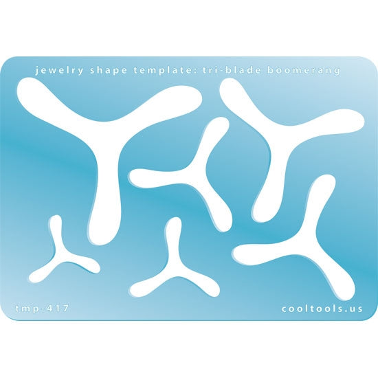 Blue plastic Jewelry Shape Template - Tri-Blade Boomerang Our special surface makes it easy to find these templates on your workbench, but allows clarity for positioning. Includes 6 tri-blade boomerang shapes. Sizes are from 24mm to 62mm.