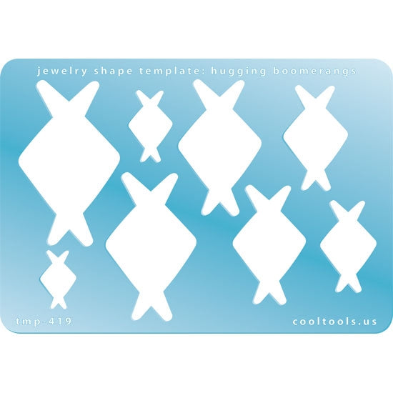 Blue plastic Jewelry Shape Template - Hugging Boomerangs Our special surface makes it easy to find these templates on your workbench, but allows clarity for positioning. Includes 8 hugging boomerang shapes. Sizes are from 19mm to 53.5mm.