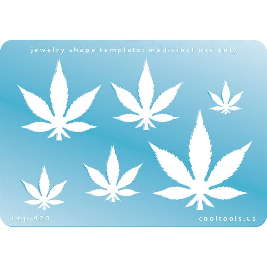 Blue plastic Jewelry Shape Template - Medicinal Use Only Our special surface makes it easy to find these templates on your workbench, but allows clarity for positioning. Includes 6 cannabis shapes. Sizes are from 16.5mm to 48.5mm.