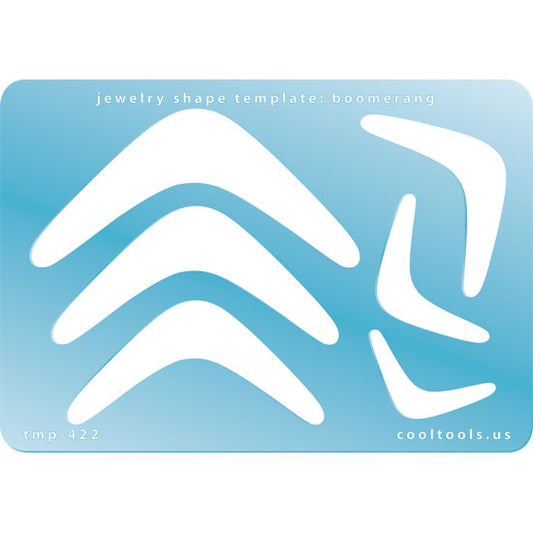 Blue plastic Jewelry Shape Template - Boomerang Our special surface makes it easy to find these templates on your workbench, but allows clarity for positioning. Includes 6 boomerang shapes. Sizes are from 32mm to 78mm.