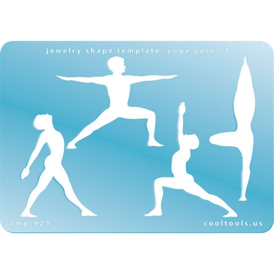 Blue plastic Jewelry Shape Template - Yoga Poses 1 Our special surface makes it easy to find these templates on your workbench, but allows clarity for positioning. Includes 4 different yoga pose shapes. Sizes are from 47mm to 66.5mm.