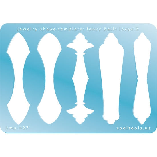 Blue plastic Jewelry Shape Template - Fancy Bails Large 2 Our special surface makes it easy to find these templates on your workbench, but allows clarity for positioning. Includes 5 different fancy bail shapes. Sizes are from 74mm to 74.5mm.