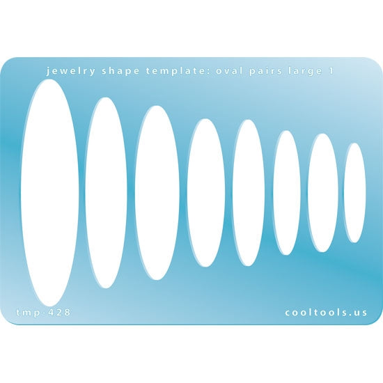 Blue plastic Jewelry Shape Template - Oval Pairs Large 1 Our special surface makes it easy to find these templates on your workbench, but allows clarity for positioning.  Includes 8 oval shapes, 2 styles. Sizes are from 32mm to 75.5mm.