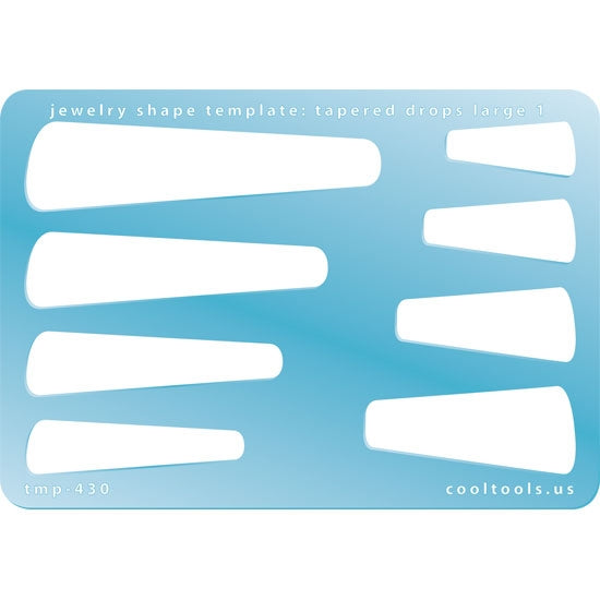 Blue plastic Jewelry Shape Template - Tapered Drops Large 1 Our special surface makes it easy to find these templates on your workbench, but allows clarity for positioning. Includes 8 drop shapes, 2 styles. Sizes are from 27mm to 75mm. 