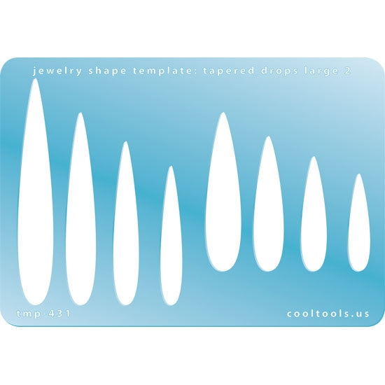 Blue plastic Jewelry Shape Template - Tapered Drops Large 2 Our special surface makes it easy to find these templates on your workbench, but allows clarity for positioning. Includes 8 drop shapes, 2 styles. Sizes are from 32mm to 74.5mm.