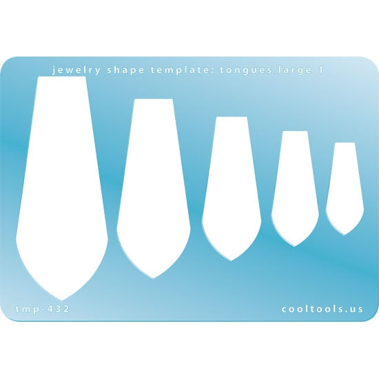 Blue plastic Jewelry Shape Template - Tongues Large 1 Our special surface makes it easy to find these templates on your workbench, but allows clarity for positioning. Includes 5 tongue shapes. Sizes are from 31mm to 74.5mm.