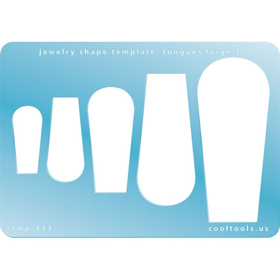 Blue plastic Jewelry Shape Template - Tongues Large 2 Our special surface makes it easy to find these templates on your workbench, but allows clarity for positioning. Includes 5 tongue shapes. Sizes are from 30.5mm to 74.5mm.