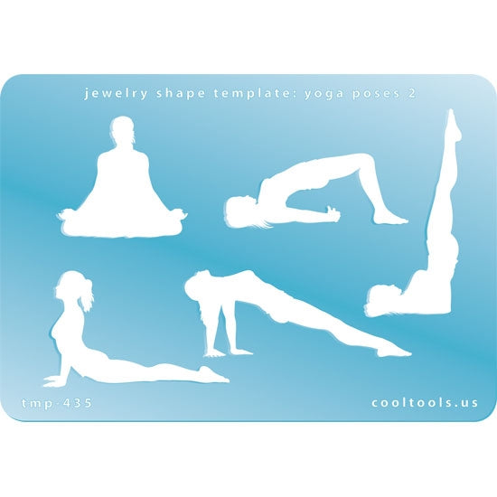 Blue plastic Jewelry Shape Template - Yoga Poses 2 Our special surface makes it easy to find these templates on your workbench, but allows clarity for positioning. Includes 5 different yoga pose shapes. Sizes are from 32.5mm to 60mm.