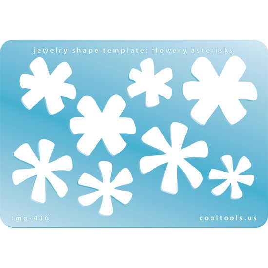 Blue plastic Jewelry Shape Template - Flowery Asterisks Our special surface makes it easy to find these templates on your workbench, but allows clarity for positioning. Includes 8 flowery asterisk shapes, 2 styles. Sizes are from 21mm to 35.5mm.