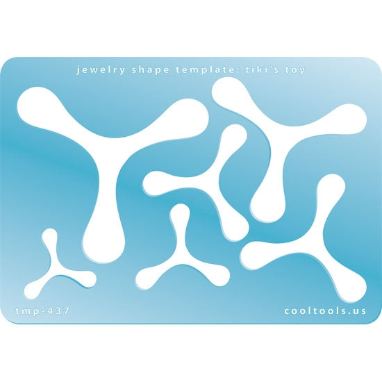 Blue plastic Jewelry Shape Template - Tiki's Toy 6 boomerang shapes. Sizes are from 24mm to 63.5mm  Our special surface makes it easy to find these templates on your workbench, but allows clarity for positioning.